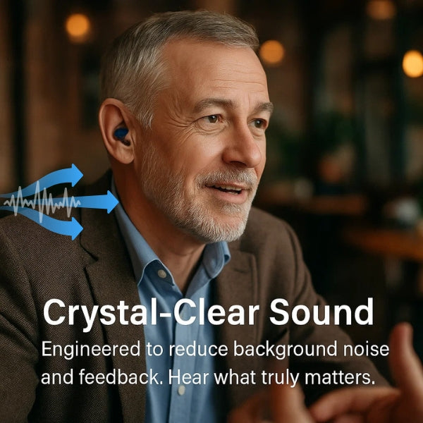"Invisible in-ear rechargeable hearing aids for clear sound, shown discreetly placed in the ear, offering superior audio qual