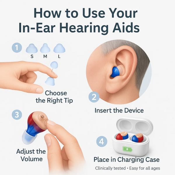 "Invisible in-ear rechargeable hearing aids for clear sound, shown discreetly placed in the ear, offering superior audio qual