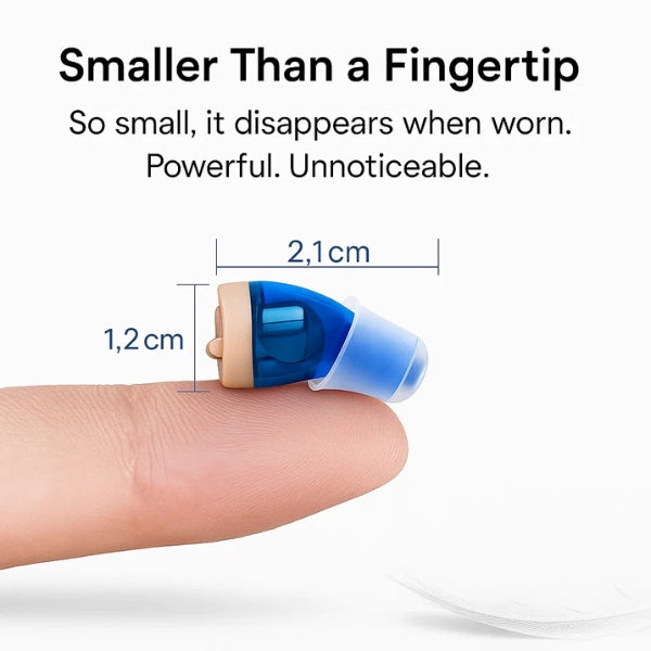 "Invisible in-ear rechargeable hearing aids for clear sound, shown discreetly placed in the ear, offering superior audio qual