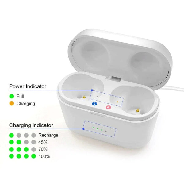 "Invisible in-ear rechargeable hearing aids for clear sound, shown discreetly placed in the ear, offering superior audio qual