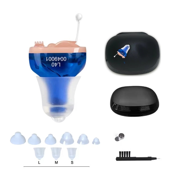 "Invisible in-ear rechargeable hearing aids for clear sound, shown discreetly placed in the ear, offering superior audio qual