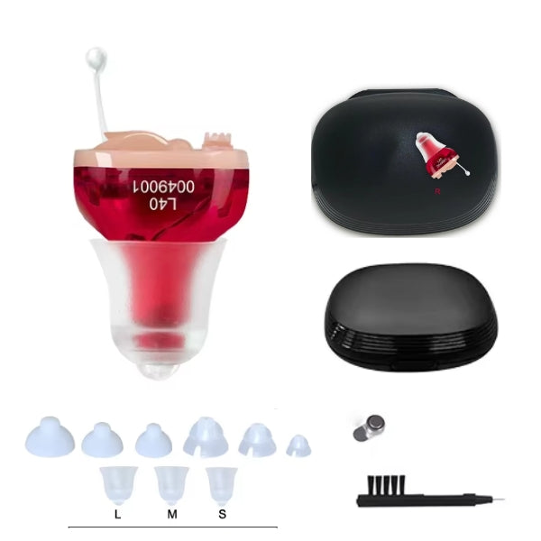 "Invisible in-ear rechargeable hearing aids for clear sound, shown discreetly placed in the ear, offering superior audio qual