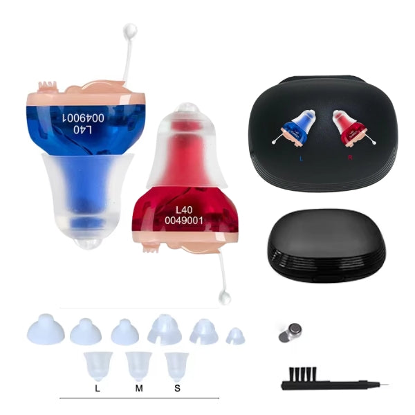 "Invisible in-ear rechargeable hearing aids for clear sound, shown discreetly placed in the ear, offering superior audio qual