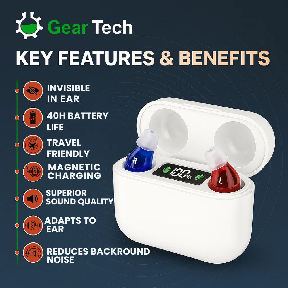 "Invisible in-ear rechargeable hearing aids for clear sound, shown discreetly placed in the ear, offering superior audio qual