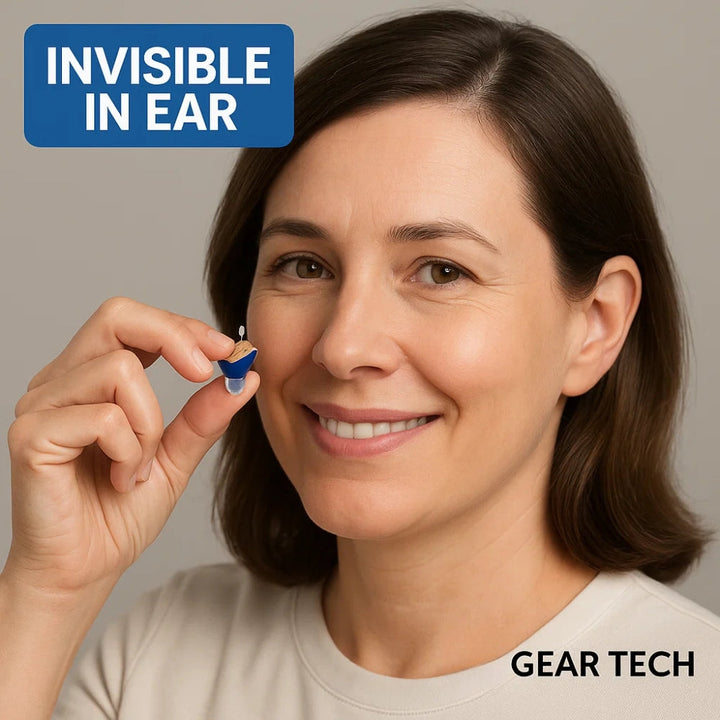 "Invisible in-ear rechargeable hearing aids for clear sound, shown discreetly placed in the ear, offering superior audio qual