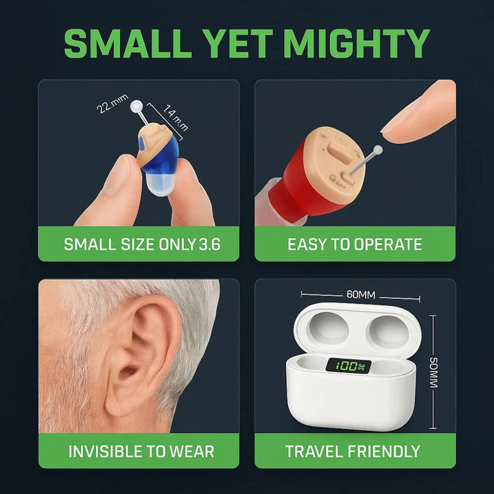 "Invisible in-ear rechargeable hearing aids for clear sound, shown discreetly placed in the ear, offering superior audio qual