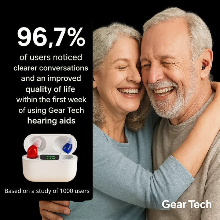 "Invisible in-ear rechargeable hearing aids for clear sound, shown discreetly placed in the ear, offering superior audio qual