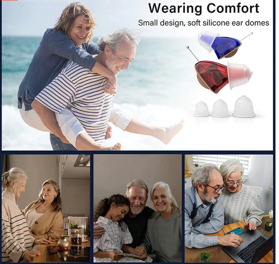 "Invisible rechargeable hearing aids for men and women; flesh-toned, discreet fit in ear canal; enhances hearing clarity."