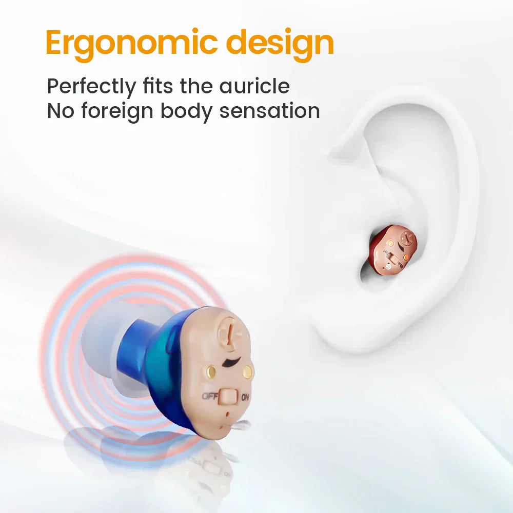 "Invisible rechargeable hearing aids for men and women; flesh-toned, discreet fit in ear canal; enhances hearing clarity."