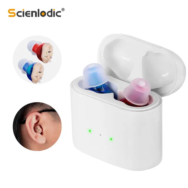 "Invisible rechargeable hearing aids for men and women; flesh-toned, discreet fit in ear canal; enhances hearing clarity."