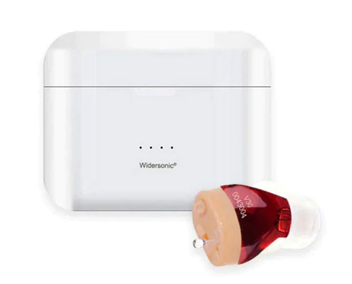 "Invisible rechargeable hearing aids for men and women; flesh-toned, discreet fit in ear canal; enhances hearing clarity."