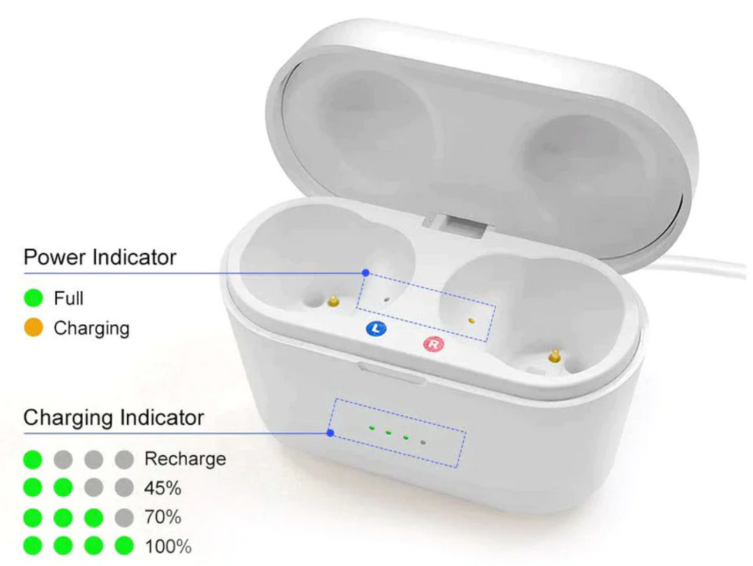 "Invisible rechargeable hearing aids for men and women; flesh-toned, discreet fit in ear canal; enhances hearing clarity."