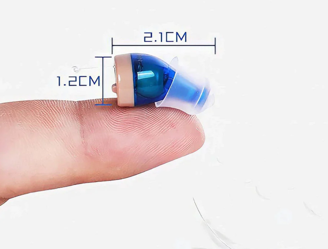 "Invisible rechargeable hearing aids for men and women; flesh-toned, discreet fit in ear canal; enhances hearing clarity."