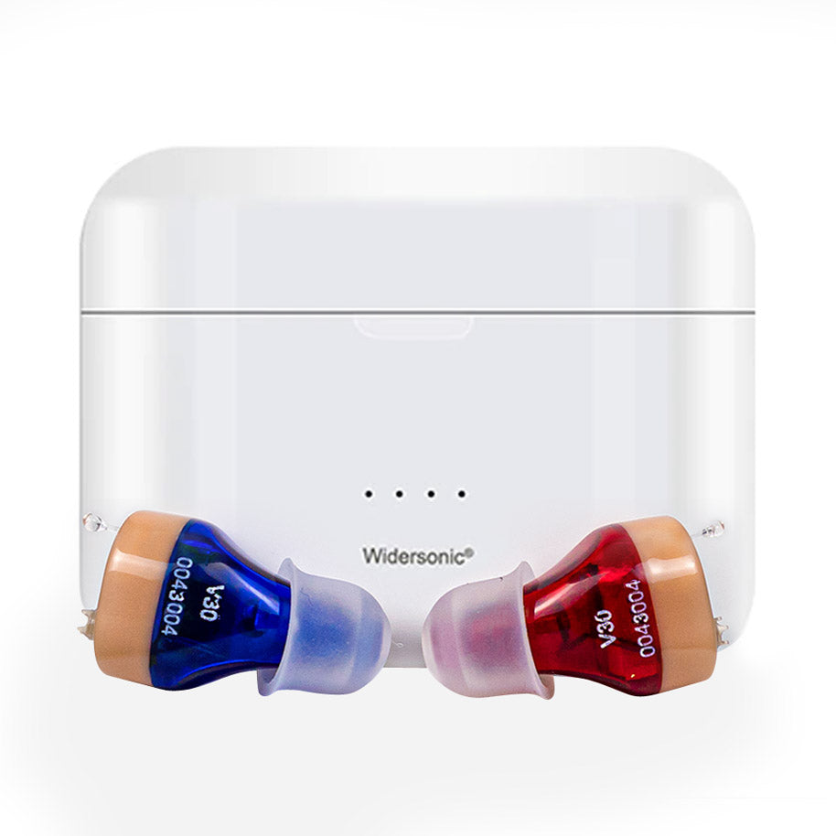 "Invisible rechargeable hearing aids for men and women; flesh-toned, discreet fit in ear canal; enhances hearing clarity."