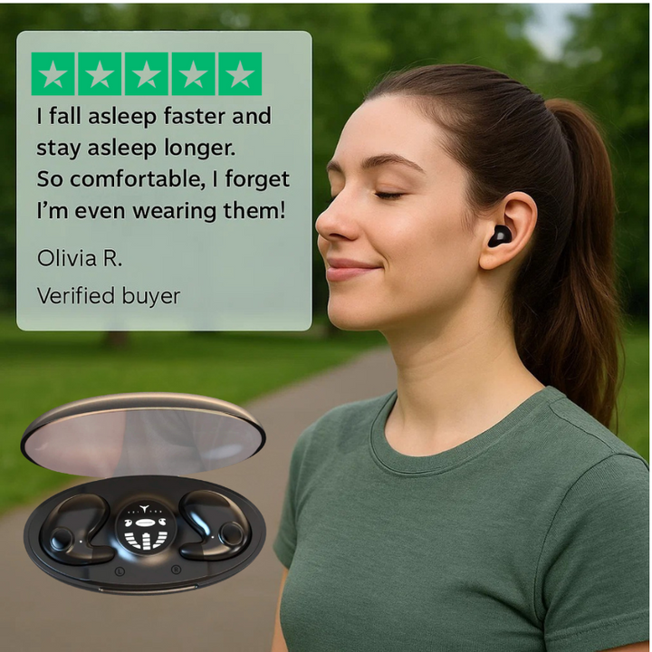Invisible wireless sleep headphones, ergonomic fit for side sleepers, Bluetooth 5.3, IPX5 waterproof, lightweight design.