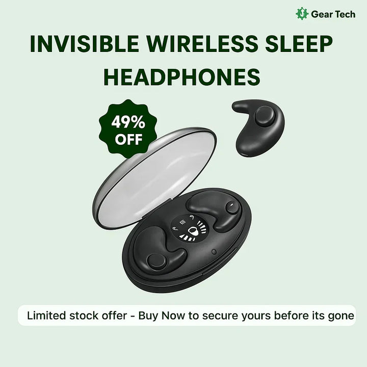 Invisible wireless sleep headphones, ergonomic fit for side sleepers, Bluetooth 5.3, IPX5 waterproof, lightweight design.
