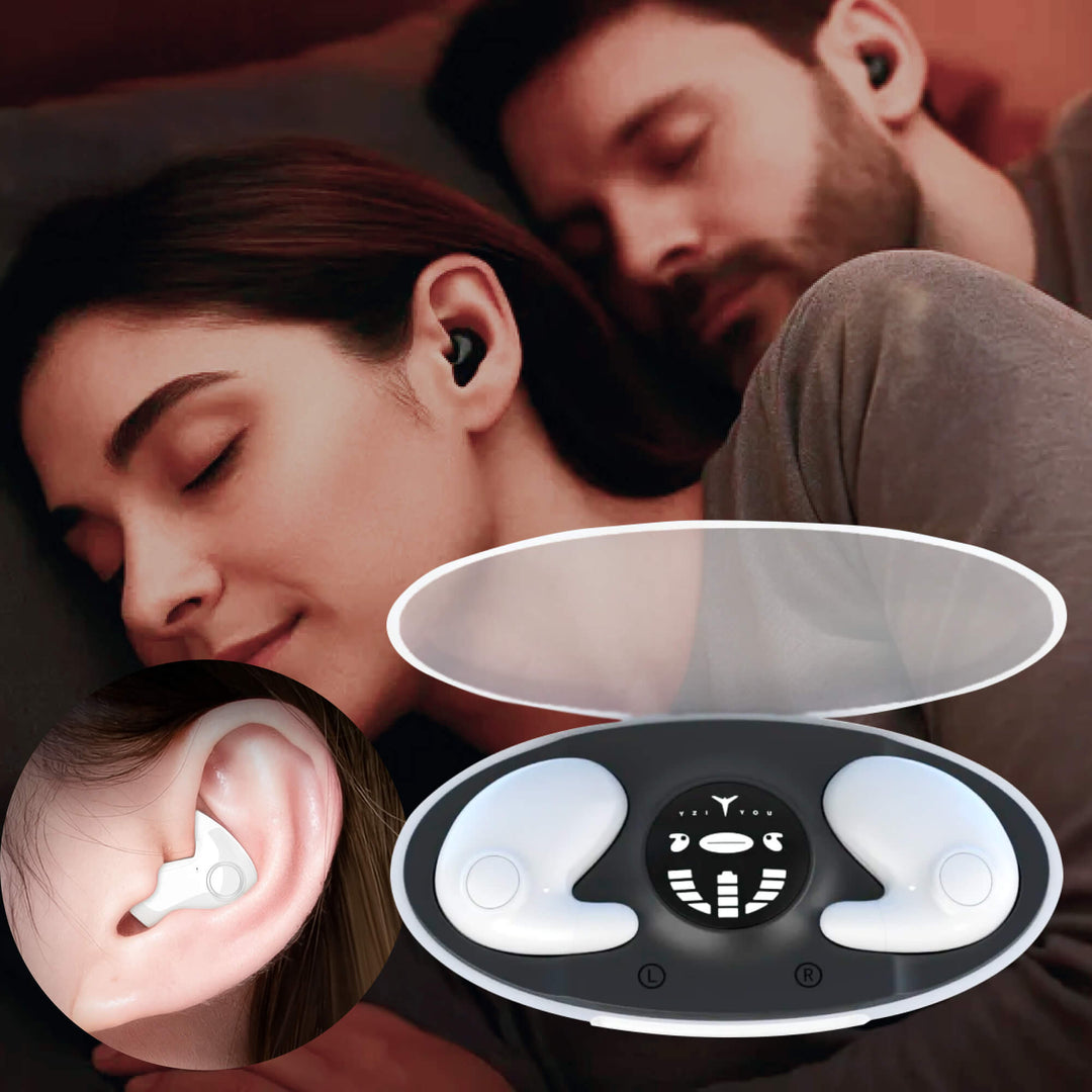 Invisible wireless sleep headphones, ergonomic fit for side sleepers, Bluetooth 5.3, IPX5 waterproof, lightweight design.