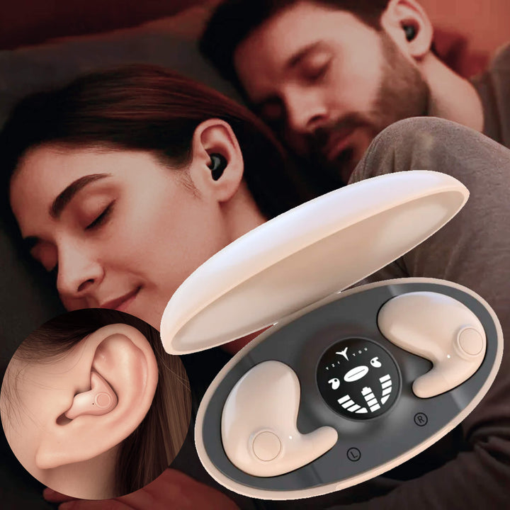 Invisible wireless sleep headphones, ergonomic fit for side sleepers, Bluetooth 5.3, IPX5 waterproof, lightweight design.