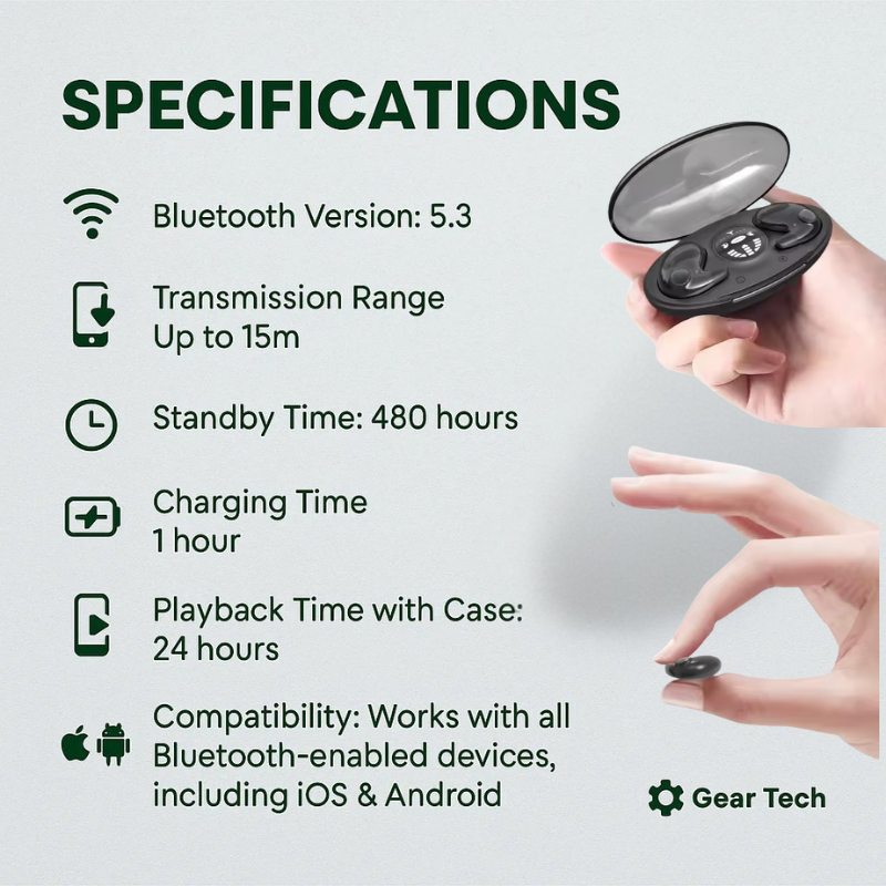 Invisible wireless sleep headphones, ergonomic fit for side sleepers, Bluetooth 5.3, IPX5 waterproof, lightweight design.