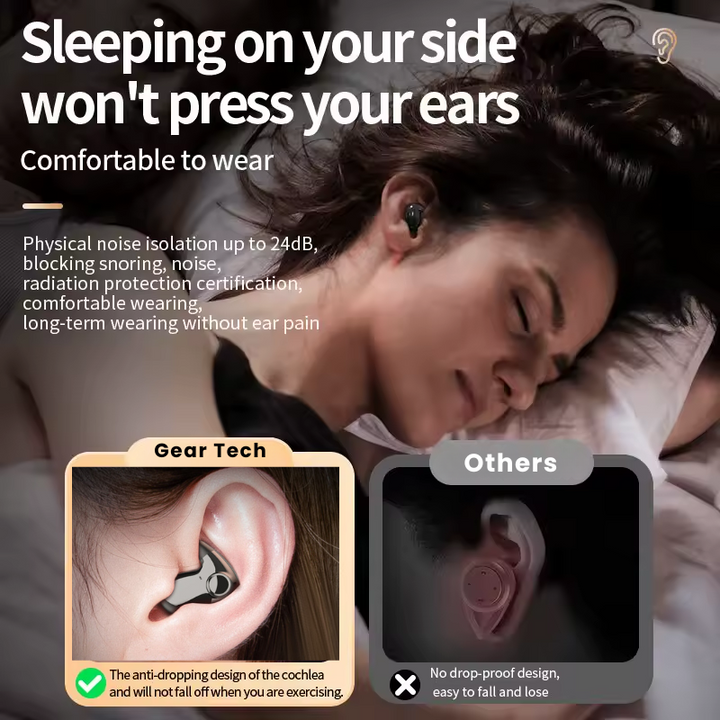 Invisible wireless sleep headphones, ergonomic fit for side sleepers, Bluetooth 5.3, IPX5 waterproof, lightweight design.