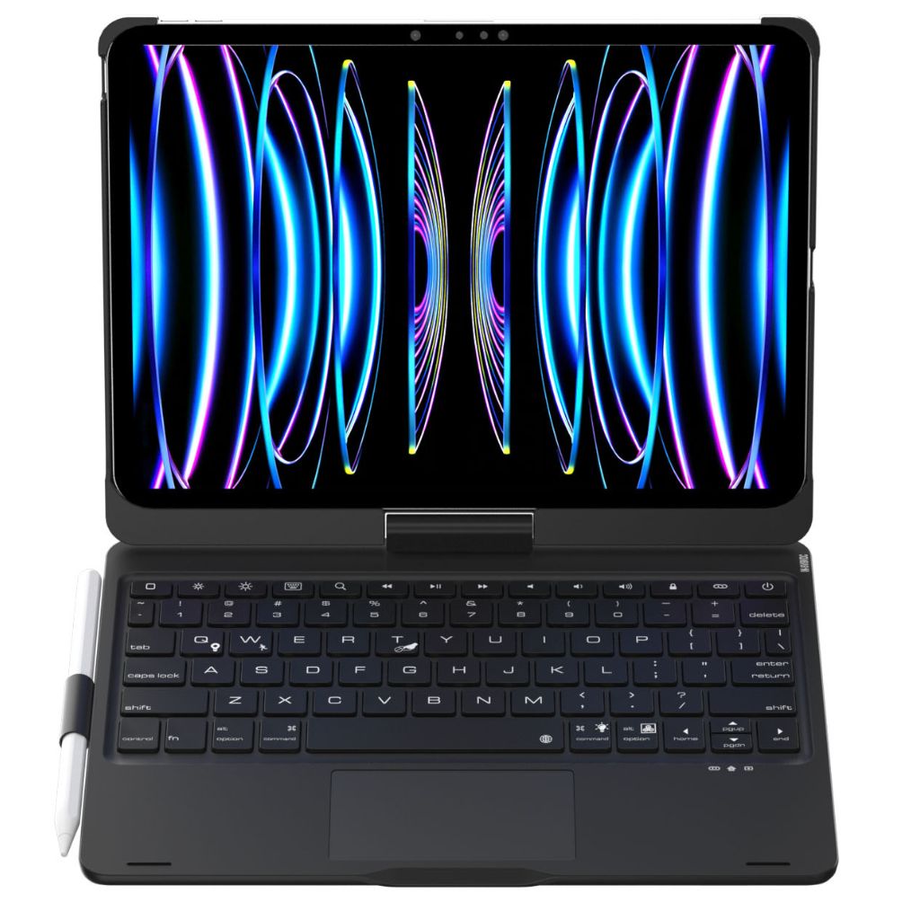 iPad Keyboard Case with backlit keys and trackpad, sleek design, drop-resistant shell, enhances functionality and protection.