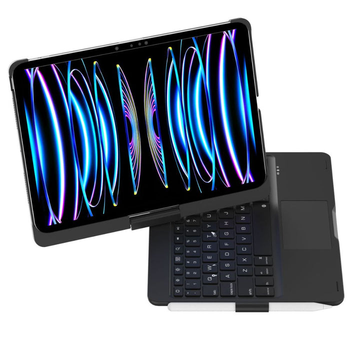 iPad Keyboard Case with backlit keys and trackpad, sleek design, drop-resistant shell, enhances functionality and protection.