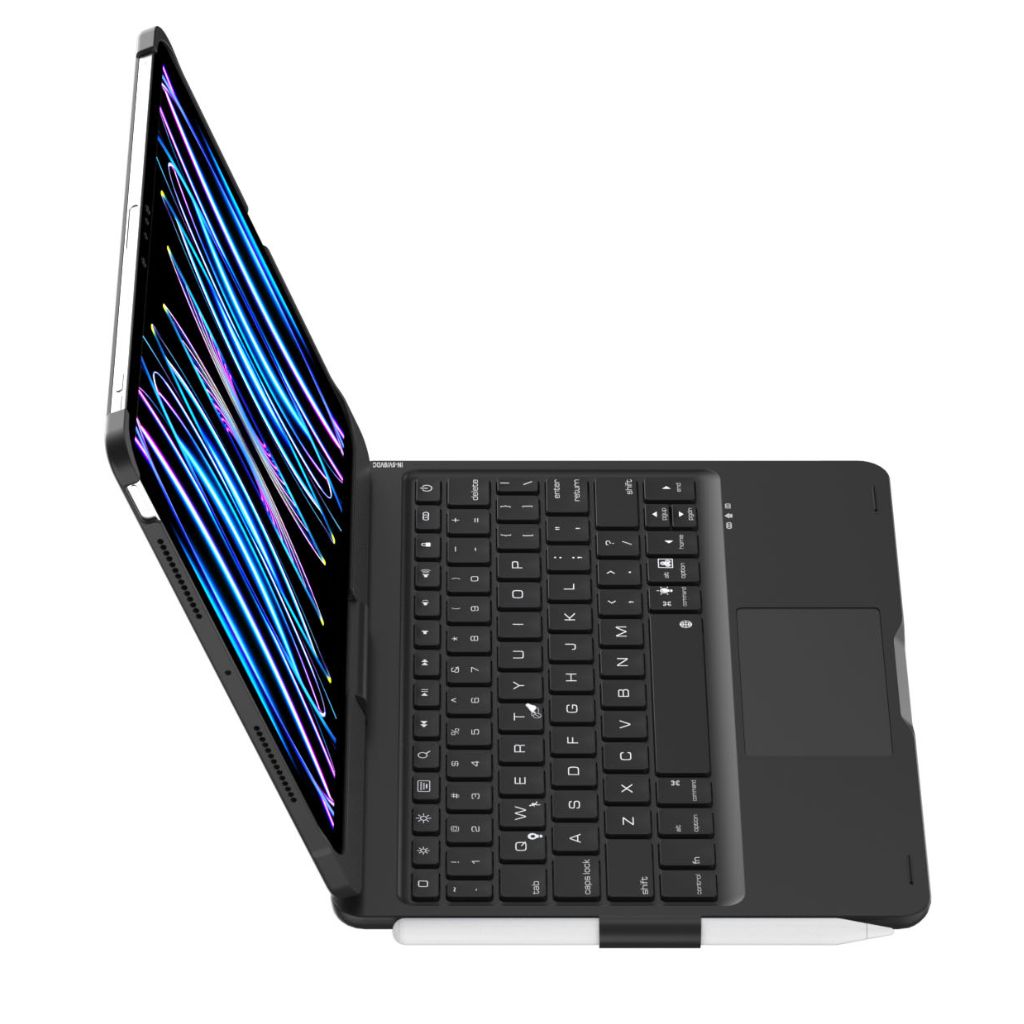 iPad Keyboard Case with backlit keys and trackpad, sleek design, drop-resistant shell, enhances functionality and protection.