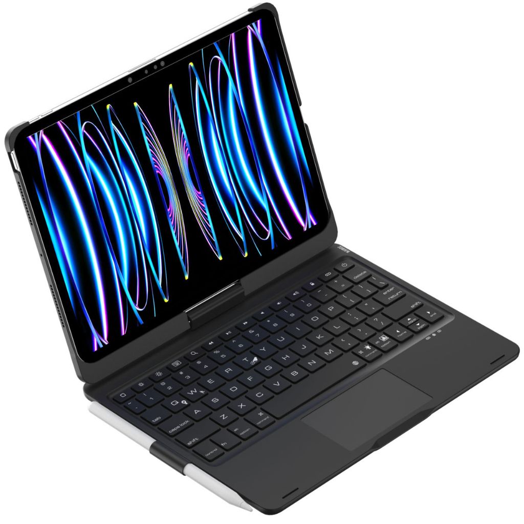 iPad Keyboard Case with backlit keys and trackpad, sleek design, drop-resistant shell, enhances functionality and protection.