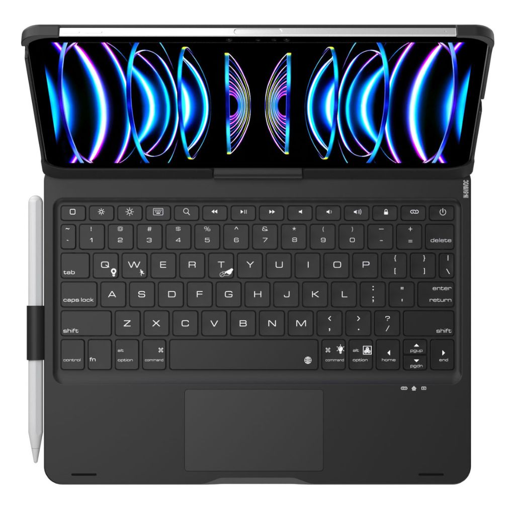 iPad Keyboard Case with backlit keys and trackpad, sleek design, drop-resistant shell, enhances functionality and protection.