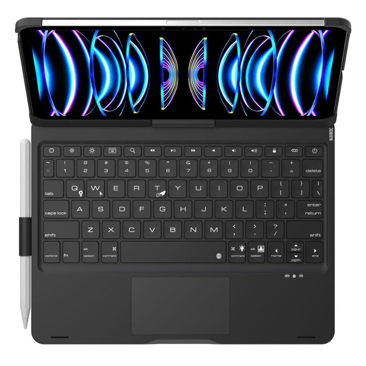 iPad Keyboard Case with backlit keys and trackpad, sleek design, drop-resistant shell, enhances functionality and protection.