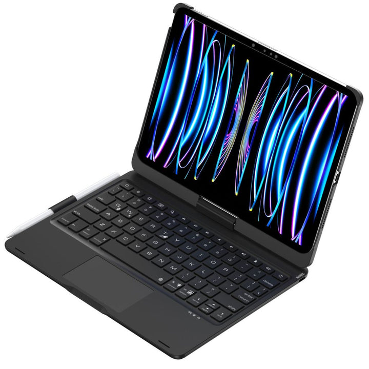 iPad Keyboard Case with backlit keys and trackpad, sleek design, drop-resistant shell, enhances functionality and protection.