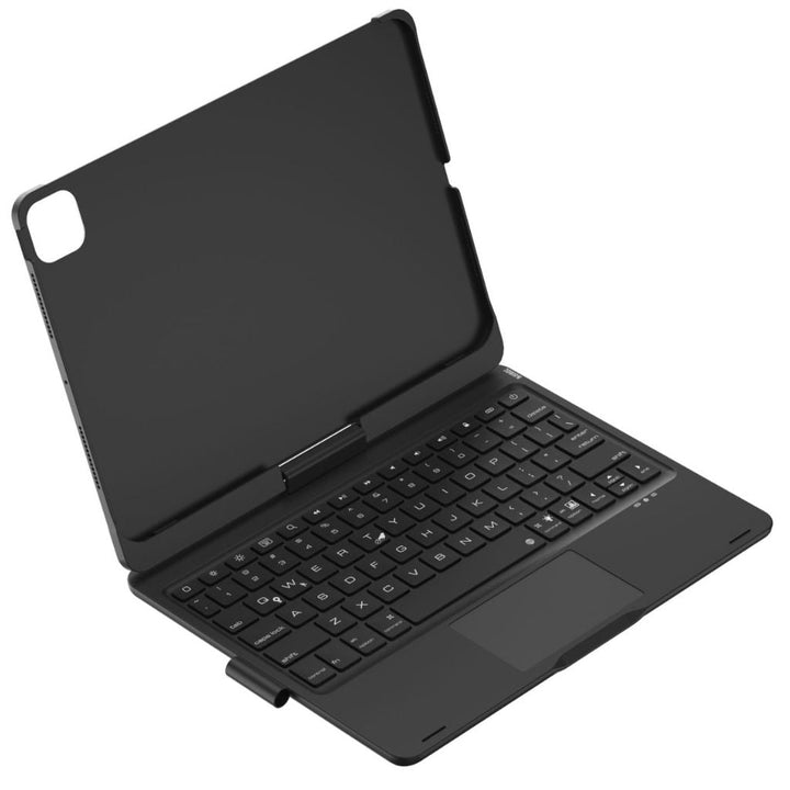 iPad Keyboard Case with backlit keys and trackpad, sleek design, drop-resistant shell, enhances functionality and protection.