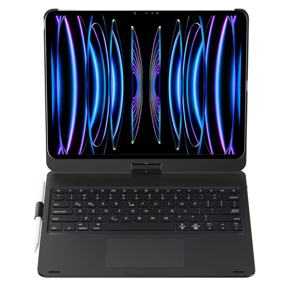 iPad Keyboard Case with backlit keys and trackpad, sleek design, drop-resistant shell, enhances functionality and protection.