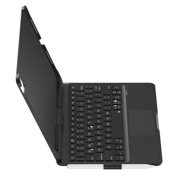iPad Keyboard Case with backlit keys and trackpad, sleek design, drop-resistant shell, enhances functionality and protection.