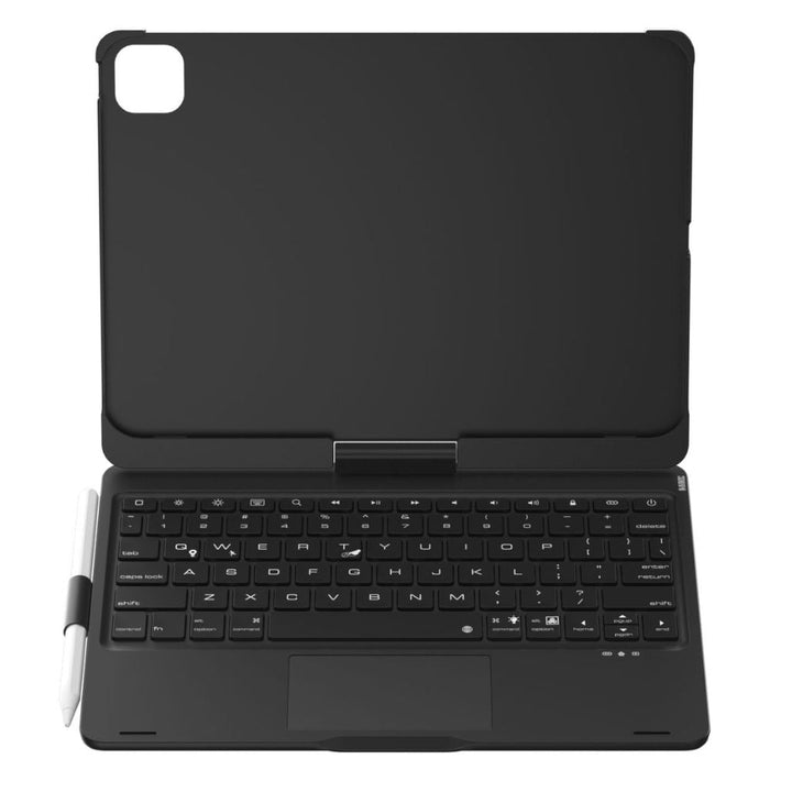 iPad Keyboard Case with backlit keys and trackpad, sleek design, drop-resistant shell, enhances functionality and protection.