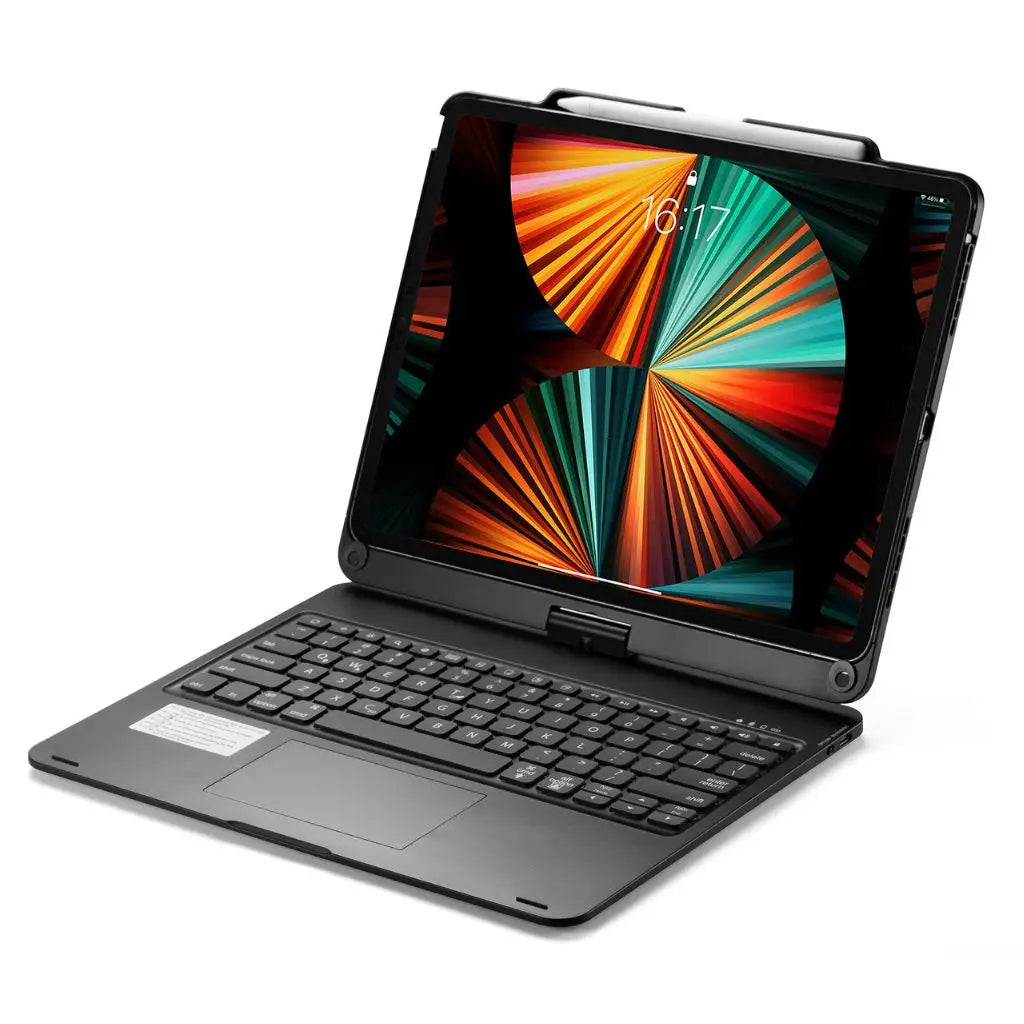 iPad Keyboard Case with backlit keys and trackpad, sleek design, drop-resistant shell, enhances functionality and protection.