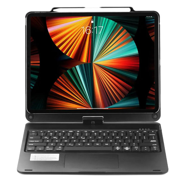 iPad Keyboard Case with backlit keys and trackpad, sleek design, drop-resistant shell, enhances functionality and protection.