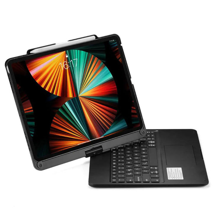 iPad Keyboard Case with backlit keys and trackpad, sleek design, drop-resistant shell, enhances functionality and protection.