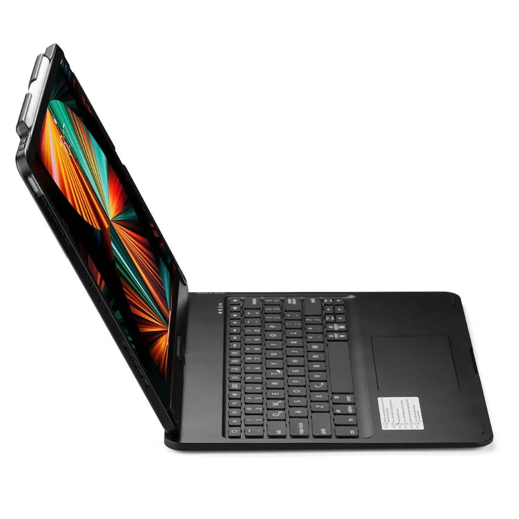 iPad Keyboard Case with backlit keys and trackpad, sleek design, drop-resistant shell, enhances functionality and protection.