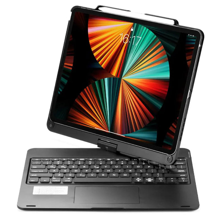 iPad Keyboard Case with backlit keys and trackpad, sleek design, drop-resistant shell, enhances functionality and protection.