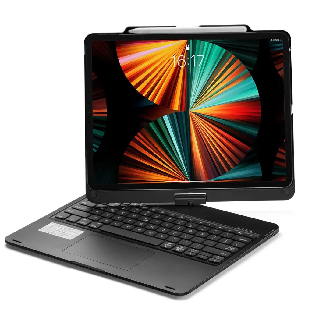 iPad Keyboard Case with backlit keys and trackpad, sleek design, drop-resistant shell, enhances functionality and protection.