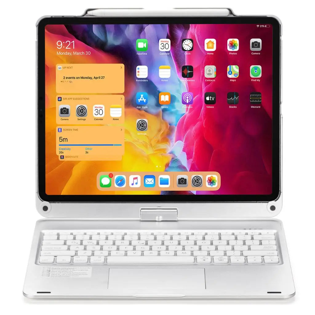iPad Keyboard Case with backlit keys and trackpad, sleek design, drop-resistant shell, enhances functionality and protection.