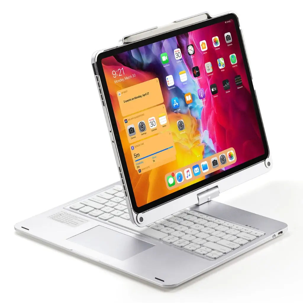 iPad Keyboard Case with backlit keys and trackpad, sleek design, drop-resistant shell, enhances functionality and protection.