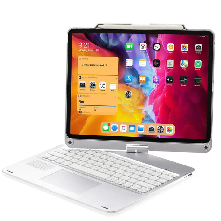 iPad Keyboard Case with backlit keys and trackpad, sleek design, drop-resistant shell, enhances functionality and protection.