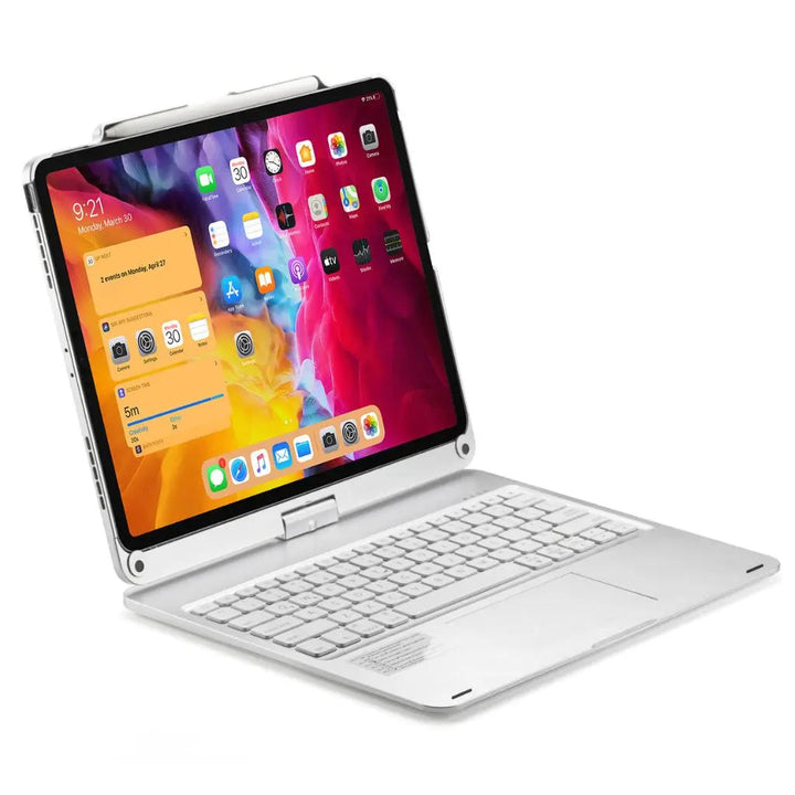 iPad Keyboard Case with backlit keys and trackpad, sleek design, drop-resistant shell, enhances functionality and protection.