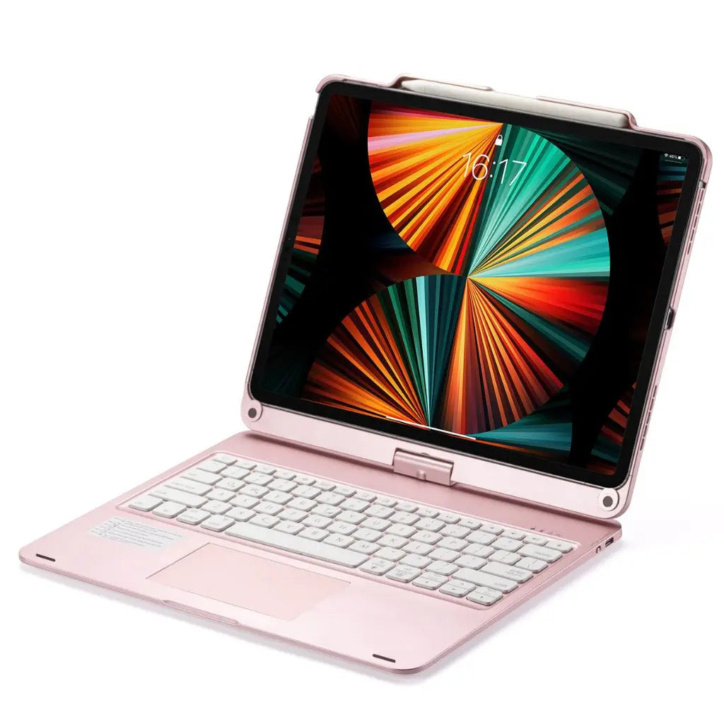iPad Keyboard Case with backlit keys and trackpad, sleek design, drop-resistant shell, enhances functionality and protection.