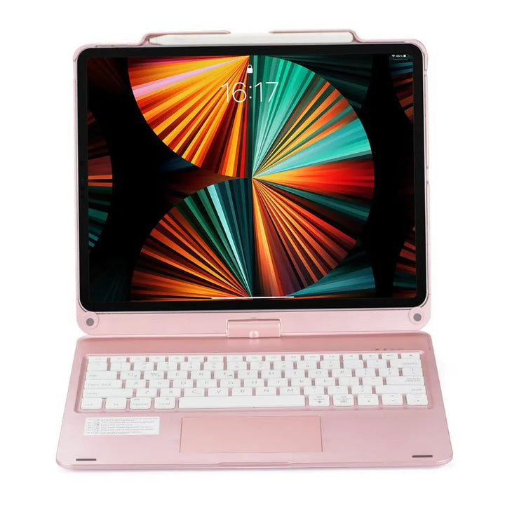 iPad Keyboard Case with backlit keys and trackpad, sleek design, drop-resistant shell, enhances functionality and protection.
