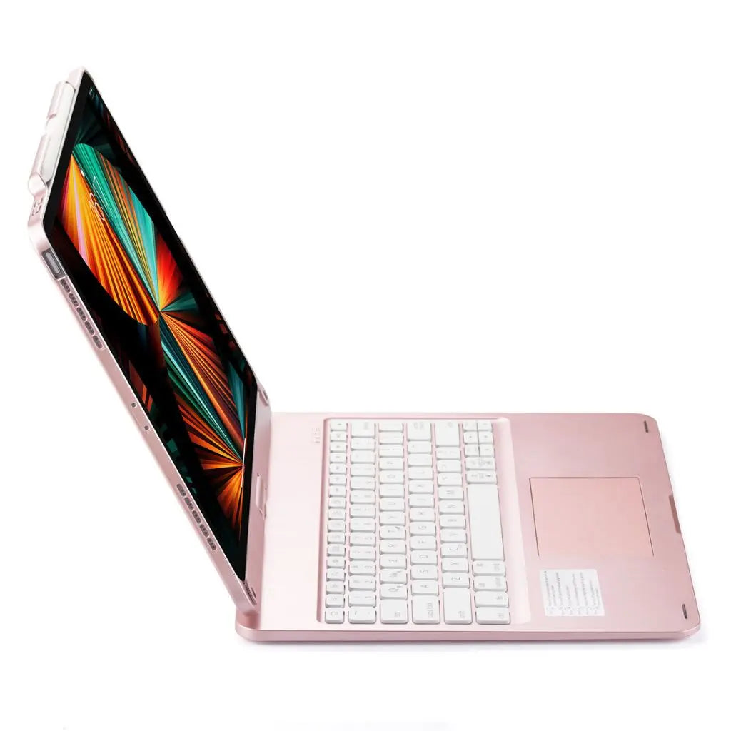 iPad Keyboard Case with backlit keys and trackpad, sleek design, drop-resistant shell, enhances functionality and protection.