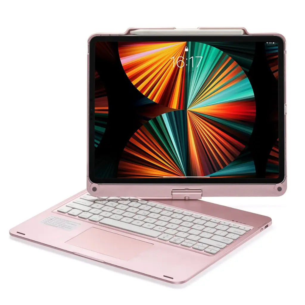 iPad Keyboard Case with backlit keys and trackpad, sleek design, drop-resistant shell, enhances functionality and protection.