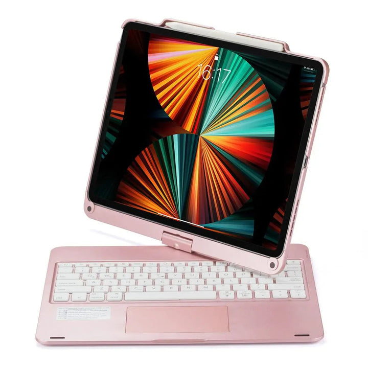 iPad Keyboard Case with backlit keys and trackpad, sleek design, drop-resistant shell, enhances functionality and protection.